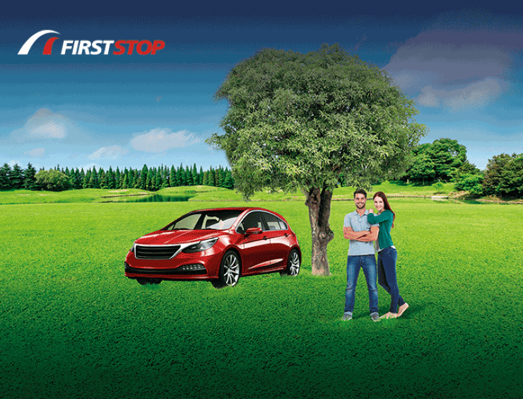 una pareja junto a un coche rojo bajo un árbol