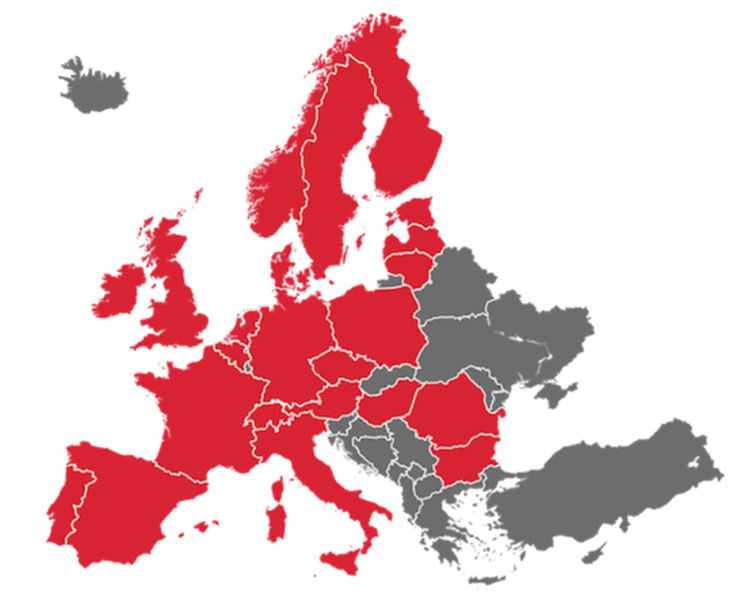 un mapa de Europa con colores rojo y gris